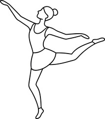 A woman is dancing in a ballet pose. She is wearing a white tank top and a black skirt