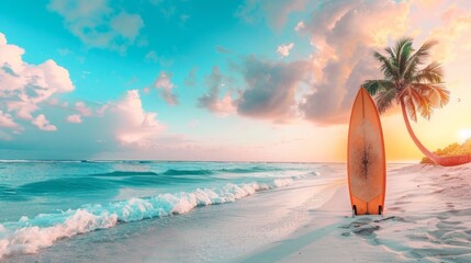 Surfboard on a Tropical Beach at Sunset