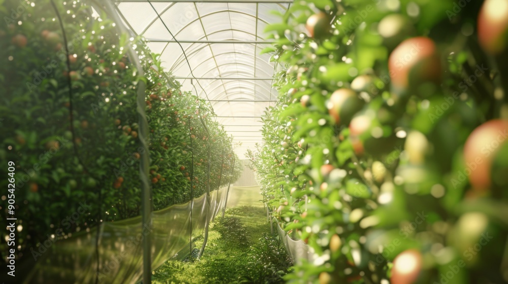 Poster Rows of vibrant apple trees thrive in a greenhouse, illuminated by warm sunlight filtering through the structure.