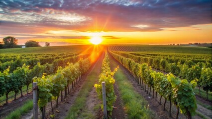 Fototapeta premium Vibrant Sunrise over Vineyard Rows