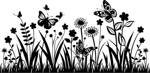 A black and white drawing of a field with flowers and butterflies