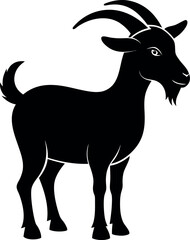 A black goat with horns is standing in front of a white background. The goat has a happy expression on its face