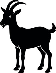 A black goat with horns is standing in front of a white background. The goat has a happy expression on its face