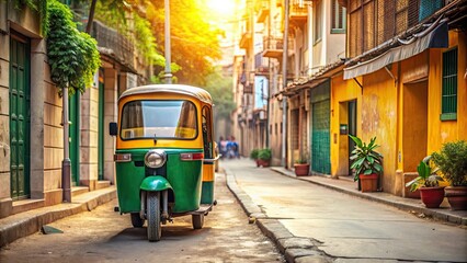 Auto rickshaw vehicle parked on street in Asian city, tuk-tuk, transportation, taxi, three-wheeler, motorized rickshaw