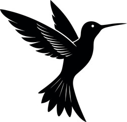 A black and white bird with a long beak flying in the air.