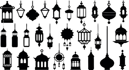 A collection of black lanterns with various shapes and sizes
