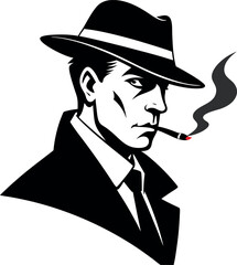 A man in a hat and a suit is smoking a cigarette