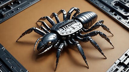 Futuristic robotic spider with metallic exoskeleton.