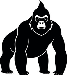 A large black gorilla with a long mane stands in front of a white background