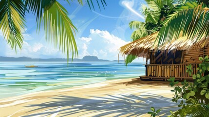 Beach with a bamboo hut and palm leaves near the shore. generative ai