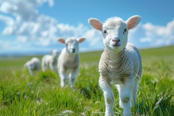 Lambs Grazing on a Green Meadow in Springtime with Blue Sky Background, Wide Angle Low Perspective, Photorealistic Capture

