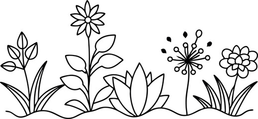 A drawing of a flower garden with a line of flowers in the foreground and a line of grass in the background