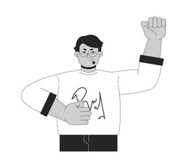 Fist raised middle eastern male activist black and white 2D line cartoon character. Arab man protestor hand pump isolated vector outline person. Revolution determined monochromatic spot illustration