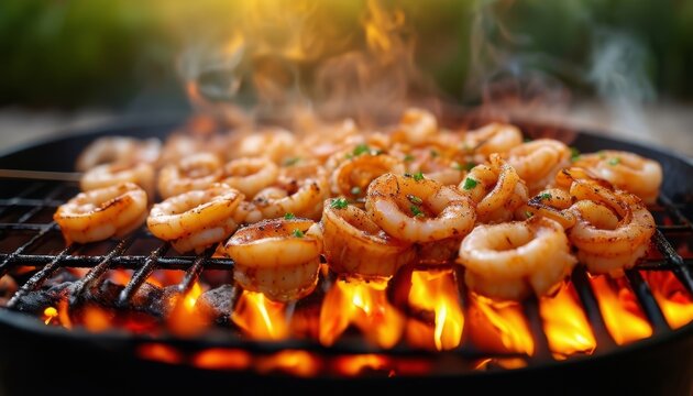 Calamares a la parrilla cocin&aacute;ndose sobre llamas abiertas, creando una atm&oacute;sfera sabrosa.