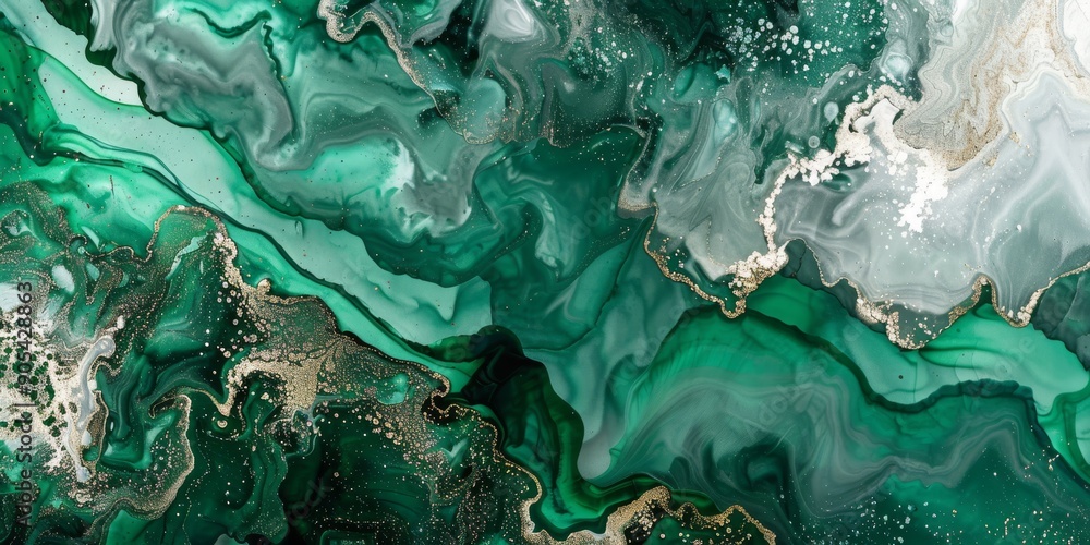 Poster an enchanting abstract design showcasing rich green marble textures and flowing lines, creating aest