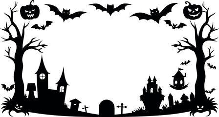 A Halloween scene with bats flying around a castle and a pumpkin. Scene is spooky and eerie