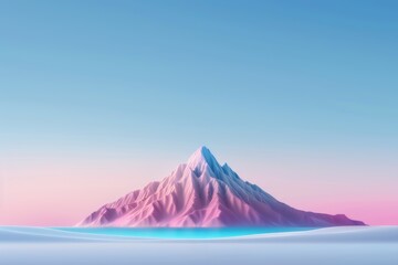 Fototapeta premium A serene, stylized mountain rises above a calm sea, bathed in soft pink and blue hues, creating a dreamy landscape with a tranquil atmosphere