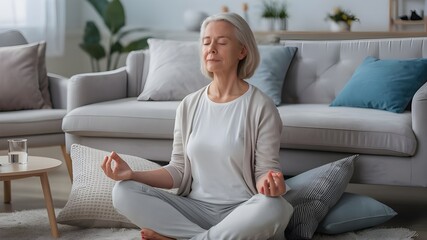 Serene High-Quality Photograph of a Middle-Aged Person Meditating at Home in a Calm and Relaxed Environment