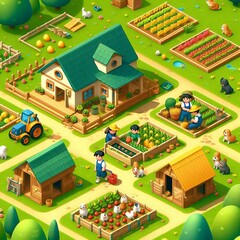 Cartoon Illustration of a Farm Village