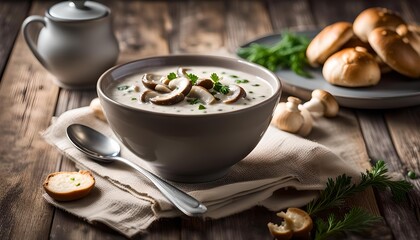 Homemade Cream of Mushroom Soup in a Bowl, side view.
