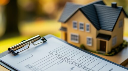 A clipboard with a checklist rests beside a small model house, symbolizing real estate evaluations, home inspections, or property assessments in a sunny outdoor setting