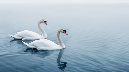 Fototapeta premium A close-up watercolor style picture of a pair of swans swimming gracefully on a calm lake, taken with lens, more clarity with clear light and sharp focus, high detailed