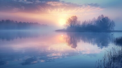 Fototapeta premium Misty Morning Sunrise Over a Tranquil Lake