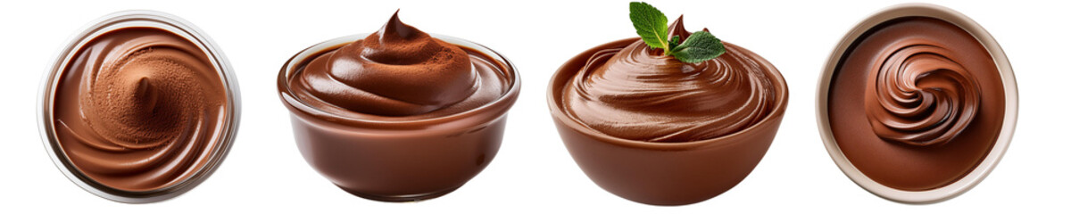 Creamy chocolate mousse swirled in bowls collection cut out transparent isolated on white background PNG