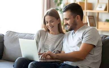 Pleasant Family Couple Sitting and Looking at Laptop Screen in a Comfortable Home Setting