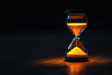 A glowing hourglass filled with vibrant orange sand, illuminated against a dark background, symbolizing the passage of time and the concept of time management