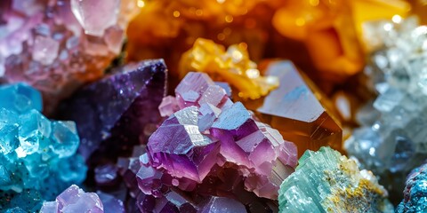 A collection of colorful crystals and rocks. The colors are vibrant and varied, creating a sense of wonder and awe. The arrangement of the stones is haphazard, with some overlapping