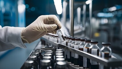 Hand with Sanitary Gloves Checking Medical Vials on a Work Surface in a Clinical Environment