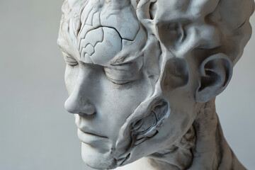 White Sculpture featuring a human figure decaying and with a sad expression. 