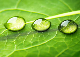 Fototapeta premium Macro image of three water drops on green leaf.