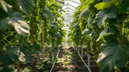 Lush grapevines with clusters of developing grapes thrive under a glass greenhouse, illuminated by natural light.