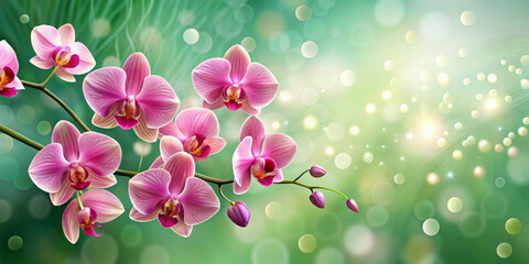 Pink orchids blossom against a dreamy, green background filled with soft bokeh lights. Delicate petals radiate elegance and tranquility in this beautiful nature scene with copy space. Generated by AI.