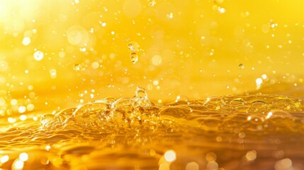 blurred transparent yellow colored water surface texture with splashes and bubbles, trendy abstract background