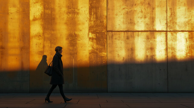woman walking in front of an abstract wall with golden light, side view