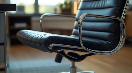 Close-up elegant business leather chair, seat, office workplace environment. Secretary employee comfortable work, nobody, corporate company furniture, boss sitting, manager job, modern design