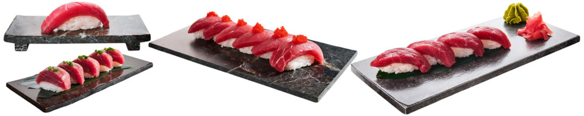 A5 Wagyu beef sushi served on a marble slab, featuring premium slices of Wagyu beef atop sushi rice collection cut out transparent isolated on white background PNG