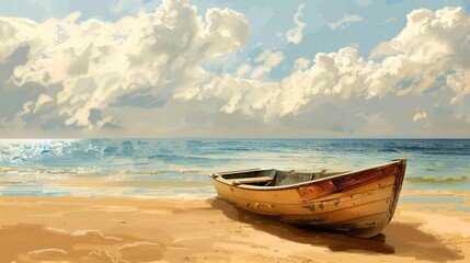 Beach with a small wooden boat anchored on the shore. generative ai