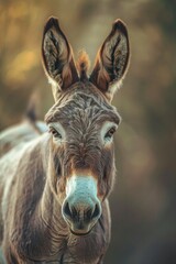 Fototapeta premium Close-up Portrait of a Brown Donkey with Fluffy Ears