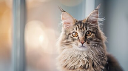 Maine Coon cat playing at home gazing at the camera against a blurred background