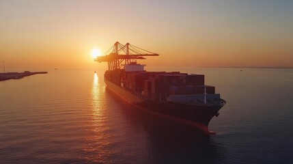 Obraz premium A cargo ship navigating through calm waters at sunset, showcasing the beauty of maritime transport under a colorful sky.