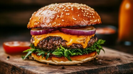 Classic beef burger with melted cheddar and onions, placed on a wooden serving board.