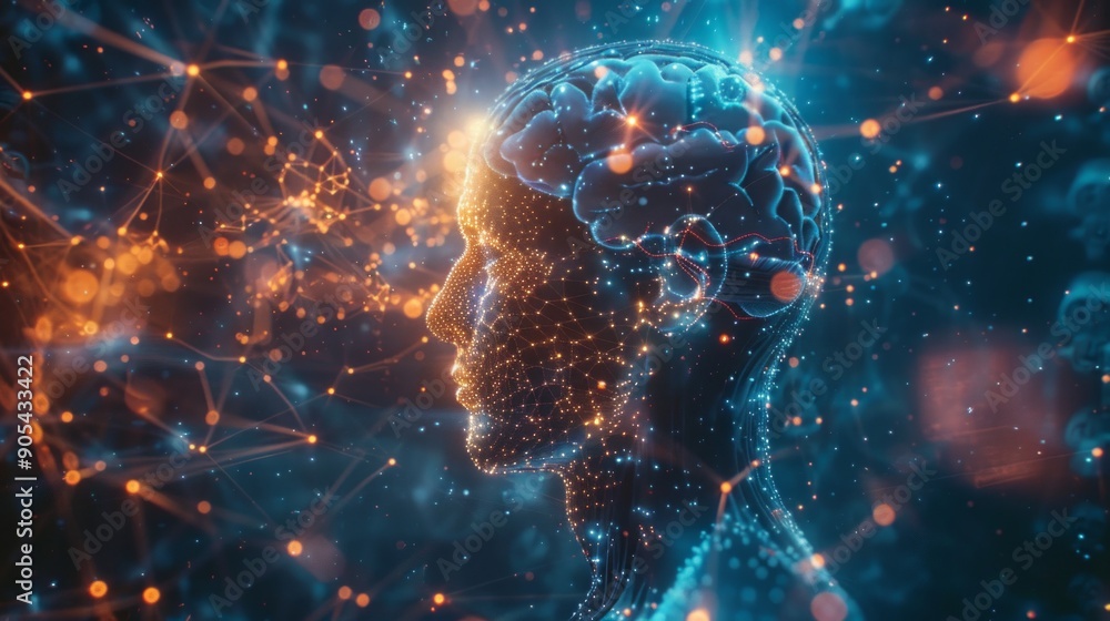 Poster digital brain and neural network in a blue and orange color