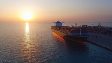 Obraz premium A large cargo ship docked at sunset, reflecting vibrant colors on the water, creating a tranquil maritime scene.