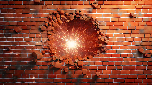 Exploding out hole in red brick wall isolation, Illustration