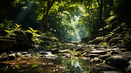 Serene Forest Stream with Sunlight Filtering Through Trees in a Lush Green Woodland
