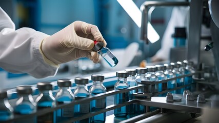 Hand with Sanitary Gloves Assessing Medical Vials on a Plate with Attention to Safety Measures and Health Protocols